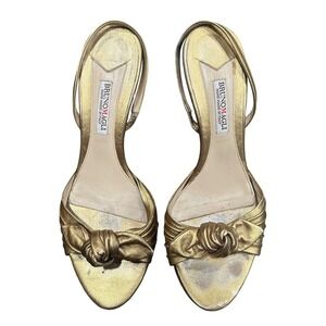 Bruno Magli Gold Metallic Leather Knot Slingback Kitten Heels Sandals Italy 38.5